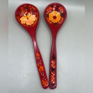 Russian USSR WOODEN SPOONS Hand Painted Souvenir 8” Berries Floral Set Of 2